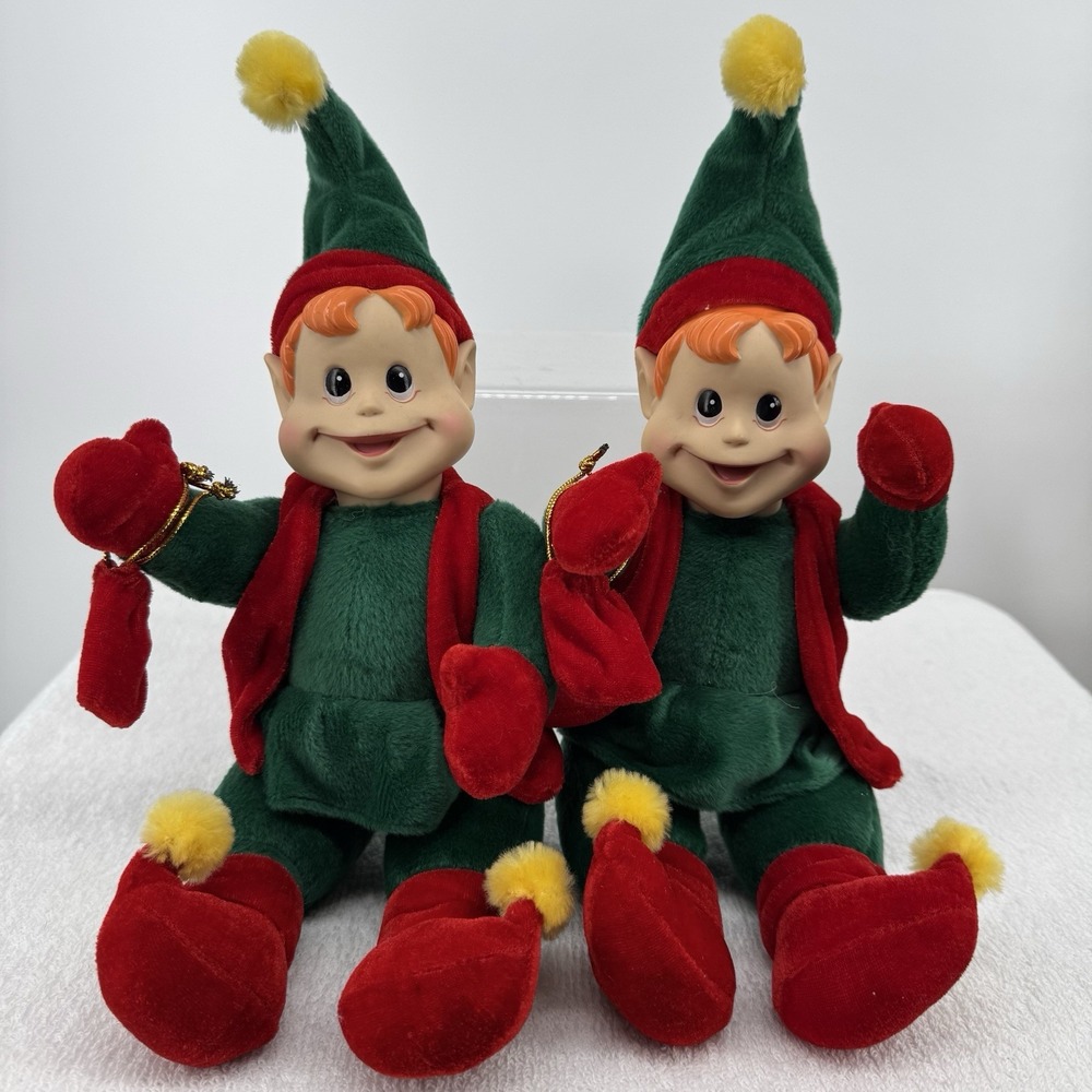 VintageChristmas Shelf Sitting Elf's With Presents Plush Decoration 14" Set Of 2